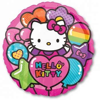 Фольгированный шар круг Hello Kitty радуга