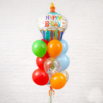Букет из разноцветных воздушных шаров Happy B-day с фольгированной фигурой