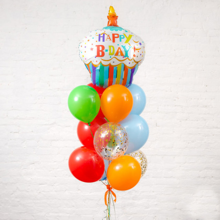 Букет из разноцветных воздушных шаров Happy B-day с фольгированной фигурой