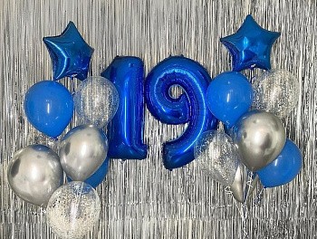 Сет из шаров на 19 лет в синем и серебряном цвете