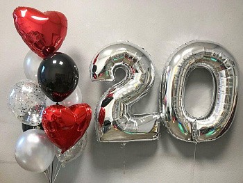 Сет и з шаров в серебряном и красном цвете на 20 лет