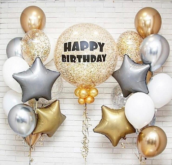 Композиция из воздушных шаров Happy Birhday с фольгированными звездами на день рождения