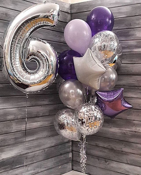 Гелиевые шарики в серебряном и фиолетовом цвете на 6 лет